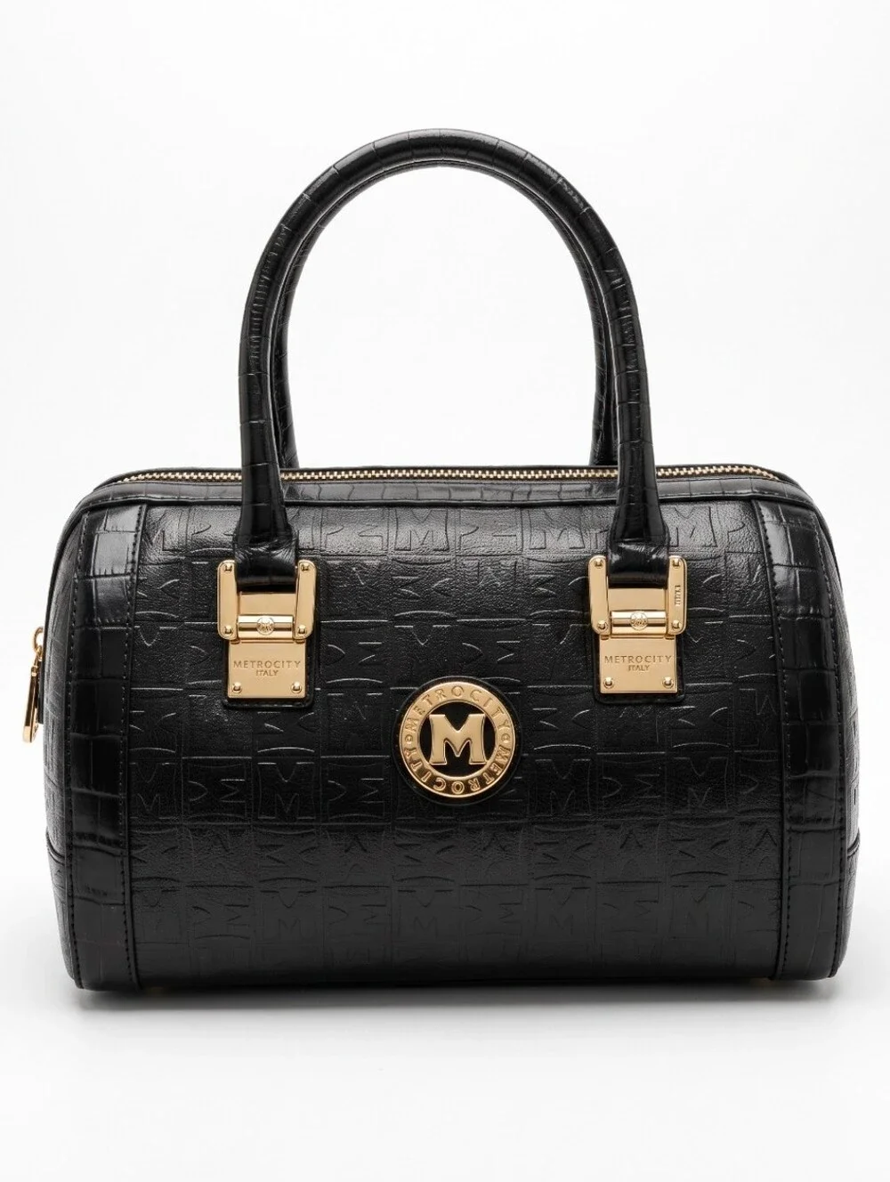 Metrocity Vintage Embossed Black Calf Skin Leather Boston Bag